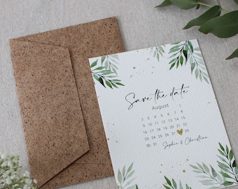 Hochwertige Save the date Karte im Blätter-Aquarell Design Hochzeitspapeterie Einladung