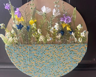 Wildflower Door Hanger | Spring Summer Floral Wreath | Blue and Yellow Front Door Decor | Handmade Round Wood Sign | Whimsical Porch Wreath