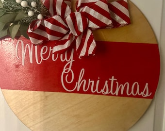 Merry Christmas | Wood Round with Peppermint Bow | Red & White Door Sign