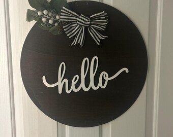 Hello | Wood Round with Striped Bow | Black and White Holiday Door Sign