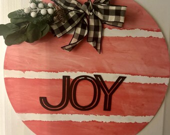 Christmas &quot;Joy&quot; | Ornament-Inspired Wood Round | Pink & White Striped Holiday Door Sign