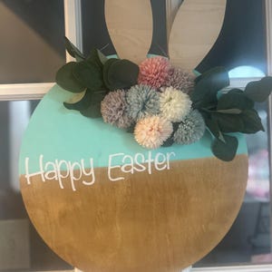 Happy Easter |  Bunny Ear w/ greenery Wood Round | Blue & Beige Door Hanger