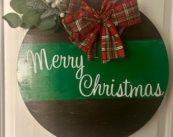 Merry Christmas | Wood Round with Patterned Bow | Black, White, & Green Door Sign