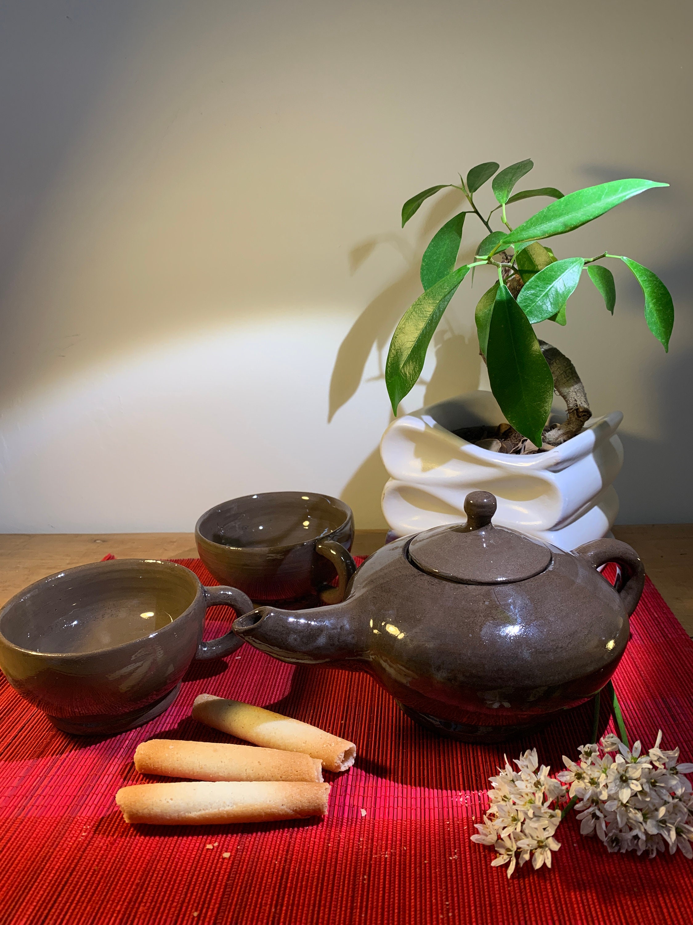 Théière et Ses 2 Tasses Faïence Noire, Céramique Artisanale