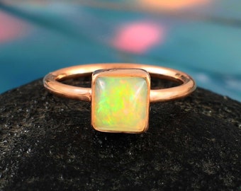 Natural Opal Ring-925 Sterling Silver Ring-Square Opal Gemstone Ring- Natural Gemstone Ring- Simple Band Ring- Opal Gemstone- Gift for her