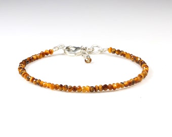 Pulsera de plata de ojo de tigre- Pulsera de cuentas pequeñas- Pulsera de piedra preciosa de ojo de tigre- Ojo de tigre amarillo- Pulsera delicada- Pulsera de piedras preciosas