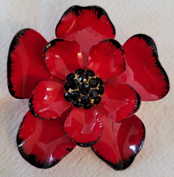 Red Enamel Poppy Flower Brooch