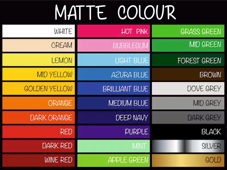 Pu&ograve; includere: Una cartella colori che mostra 24 colori opachi, tra cui bianco, crema, limone, giallo medio, giallo oro, arancione, arancione scuro, rosso, rosso scuro, rosso vino, rosa acceso, bubblegum, azzurro, azzurro cielo, blu brillante, blu medio, blu navy scuro, viola, menta, verde mela, verde erba, verde medio, verde bosco, marrone, grigio tortora, grigio medio, grigio scuro, nero, argento e oro.