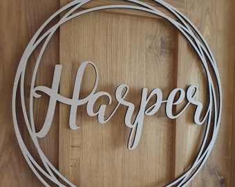 Personalised Wooden Script Name Hoop Circle Sign Wall  Plaque MDF Nursery Décor Hoop Multiple Colour