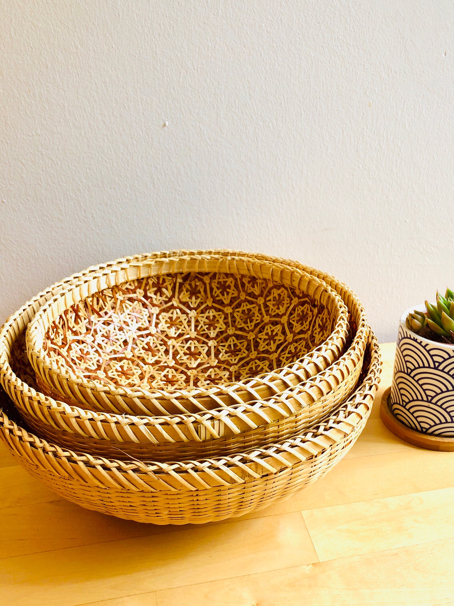 Set of 3 Handwoven Round Bamboo Basket Handmade Fruit Bowl Etsy