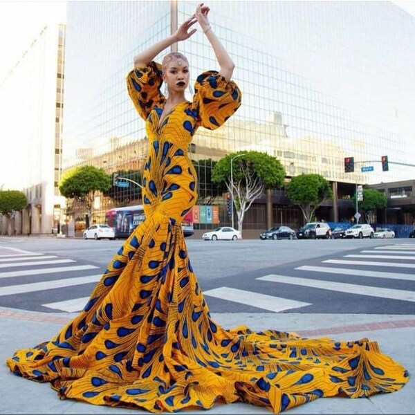 Long Ankara prom gown , African prom outfit, women dresses, yellow Ankara gown , African women clothing