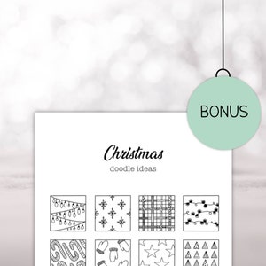 K&ouml;nnte beinhalten: Ein druckbares Blatt mit Weihnachts-Kritzelideen. Das Blatt ist in neun Quadrate unterteilt, die jeweils ein anderes Weihnachtsmuster enthalten. Die Muster umfassen Schneeflocken, Zuckerstangen, Weihnachtslichter und Weihnachtsb&auml;ume.