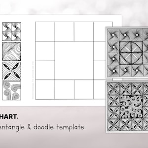 May include: A black and white printable chart with a grid of squares. The chart is labeled "CHART. ZENTANGLE & DOODLE TEMPLATE". There are four smaller squares with different patterns in the top left corner of the chart. Two larger squares with more complex patterns are to the right of the chart.