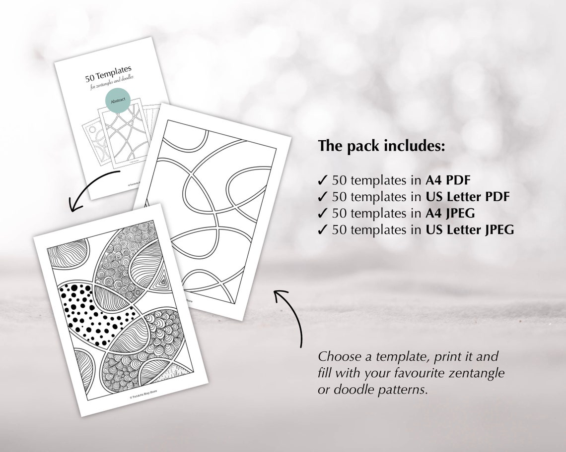 50 Printable Templates for Zentangles and Doodles Drawing, Zentangle