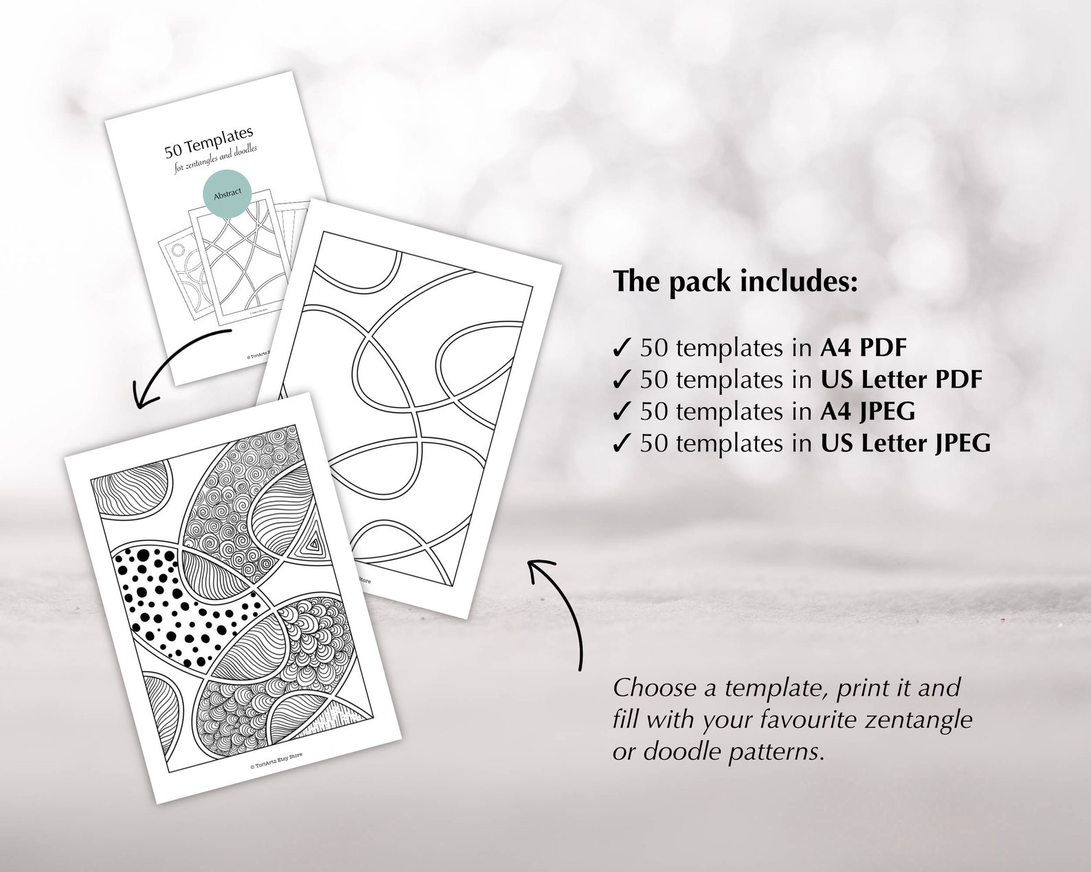 50 Printable Templates for Zentangles and Doodles Drawing, Zentangle ...