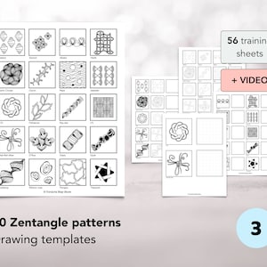 May include: A collection of Zentangle drawing templates. The image shows 20 patterns and 56 training sheets, with a video option. The patterns are black and white, with various geometric and organic designs. The text reads "20 Zentangle patterns Drawing templates".