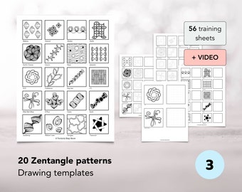 20 Zentangle drawing templates with video support, 56 training sheets, Zentangle patterns beginners, Zentangle art, Zentangle supplies