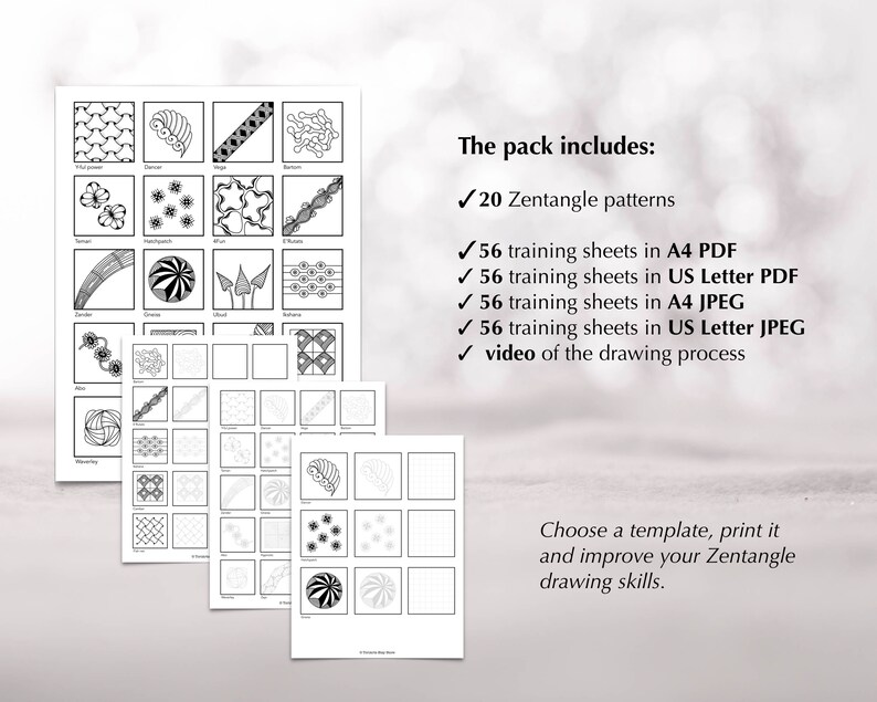 20 Zentangle Drawing Templates With Video Support, 56 Training Sheets ...