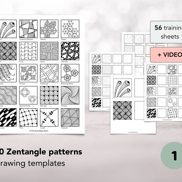 Zentangle drawing templates, 56 training sheets for learning 20 Zentangle patterns, Learn Zentangle, Art for beginners, kids, teachers