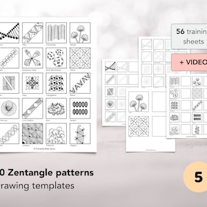May include: A set of 20 Zentangle pattern drawing templates, with 56 blank practice sheets. The templates feature black and white line drawings of various patterns, including "And", "Wavy", "Checkmate", "Veruka", "Patch", "Zigzag Fold", "Blind Membrane", "Y Knot", "Kay", "Maps", "Mangosteen", "Saturn", "M Sewing", "Little Ottoman", "Rose", "Lenten", "Otto", "Scallops", "Pokeno", and "Organic". The text "56 training sheets + VIDEO" is in a pink rectangle at the top of the image. The number "5" is in a circle at the bottom right of the image.