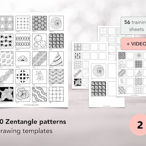 Zentangle drawing templates with video support, 56 training sheets for learning 20 Zentangle patterns, Learn Zentangle, Doodles drawing