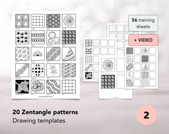 Zentangle drawing templates with video support, 56 training sheets for learning 20 Zentangle patterns, Learn Zentangle, Doodles drawing