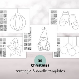 May include: 35 Christmas zentangle & doodle templates. Black and white line art illustrations of a gnome, ornaments, mittens, and a star. Each illustration has a grid of 16 different patterns to use for coloring.