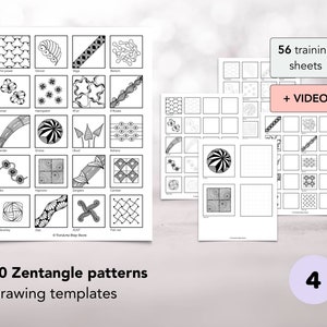 May include: A set of 56 printable Zentangle drawing templates featuring 20 different patterns. The templates are black and white and have a grid pattern. The image also includes the text "56 training sheets + VIDEO" and "20 Zentangle patterns Drawing templates".