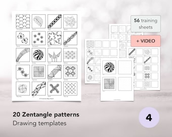 20 Zentangle drawing templates with video support, 56 training sheets, Zentangle patterns beginners, Zentangle art, Zentangle supplies