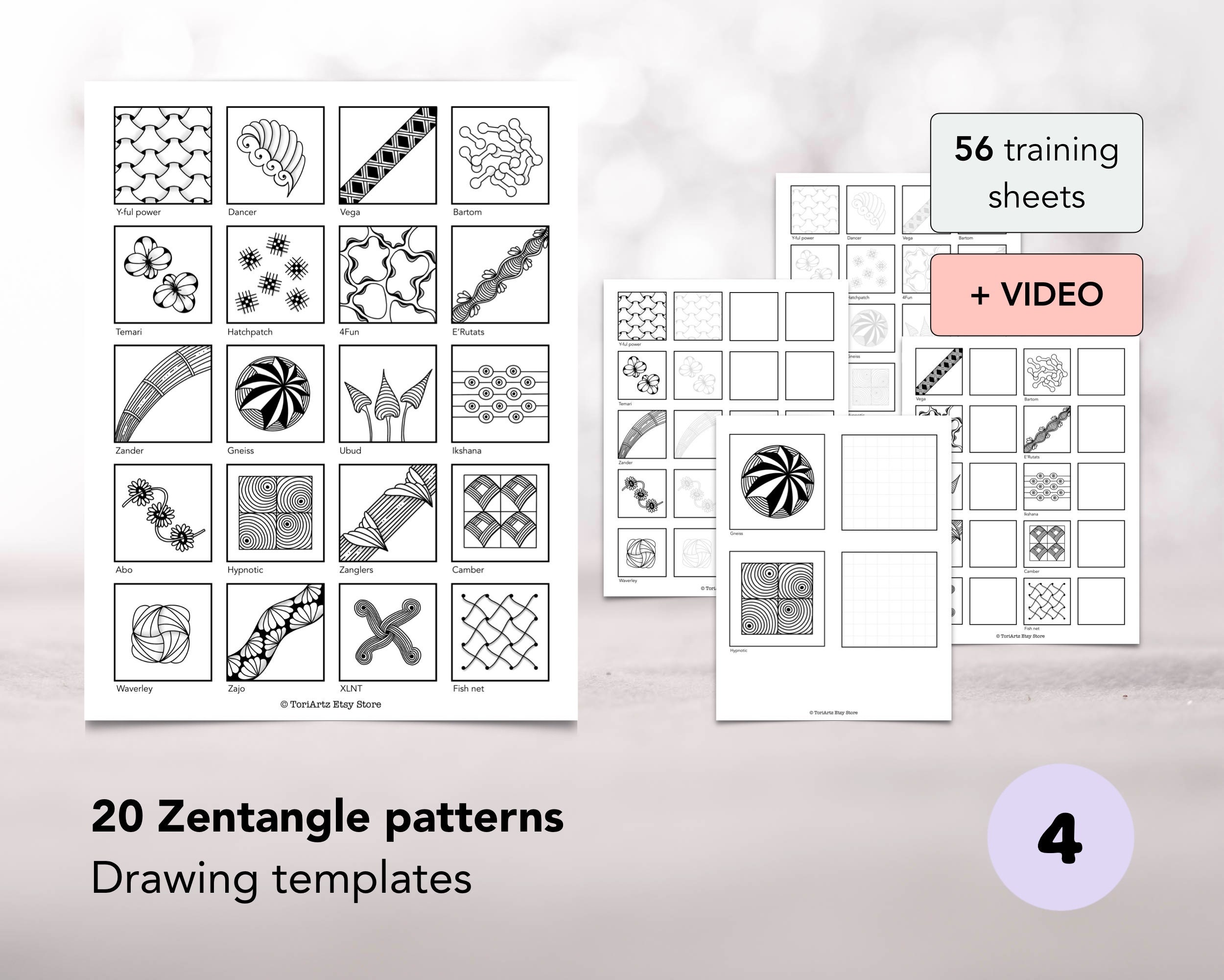 20 Zentangle Drawing Templates With Video Support, 56 Training Sheets ...