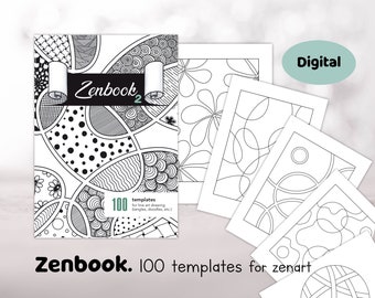 Könnte beinhalten: Ein digitaler Download von 100 Schwarzweiß-Zenart-Vorlagen für Linienzeichnungen, Schnörkel, Kritzeleien und mehr. Das Titelbild zeigt eine Vielzahl von komplizierten Mustern.