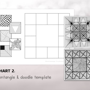 May include: A white paper with a Zentangle and doodle template. The chart includes examples of Zentangle patterns and a grid for creating designs. The text "CHART 2. Zentangle & doodle template" is visible.