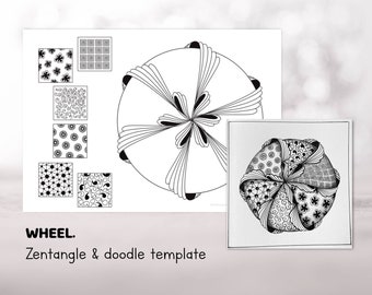 Könnte beinhalten: Schwarz-weiß druckbare Zentangle- und Doodle-Vorlage mit dem Wort "WHEEL." Die Vorlage zeigt einen Kreis, der in acht Abschnitte unterteilt ist, mit einem Design in der Mitte. Es gibt auch acht kleinere Quadrate mit verschiedenen Mustern, die als Inspiration dienen können.