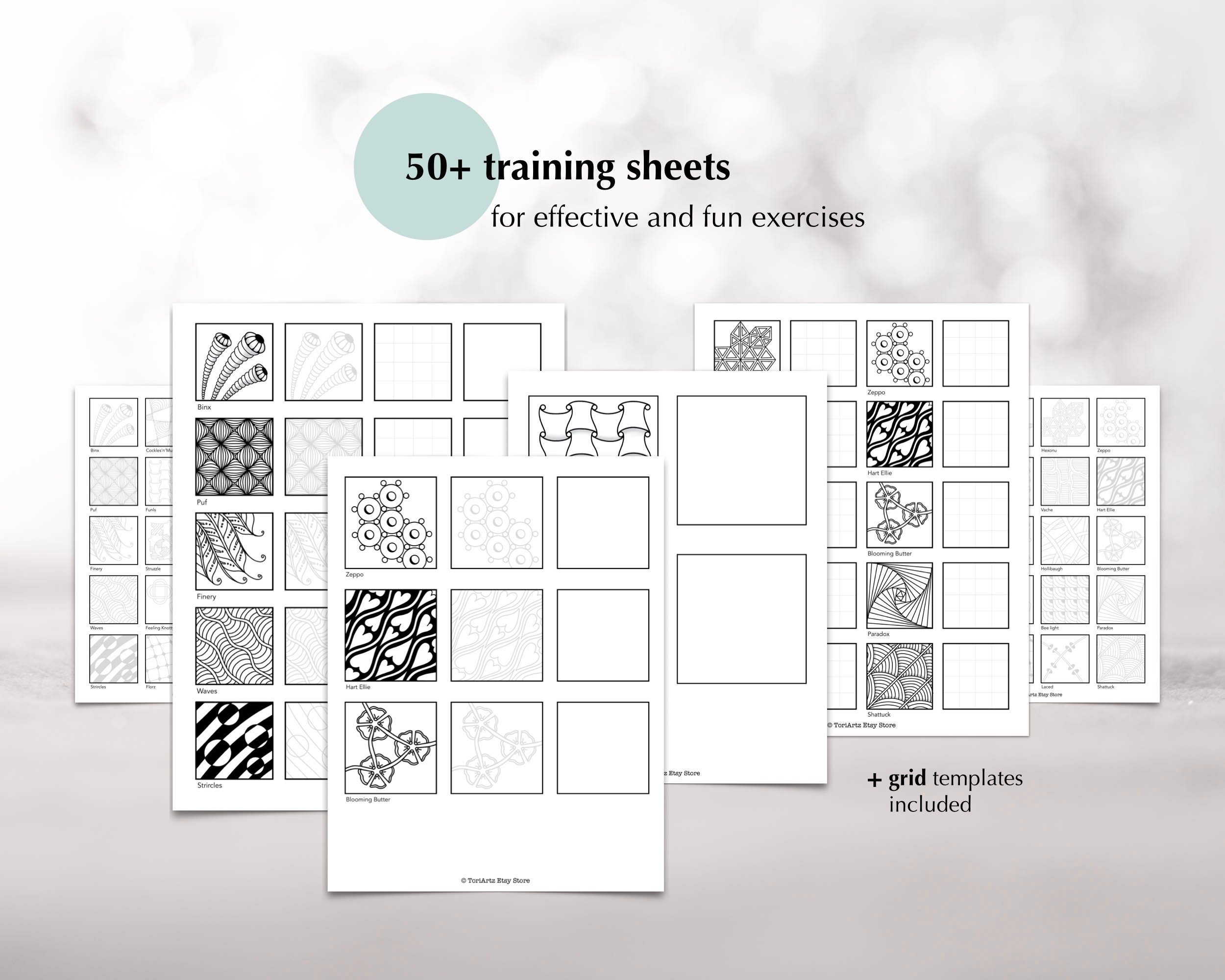 Zentangle Drawing Templates, 56 Training Sheets for Learning 20