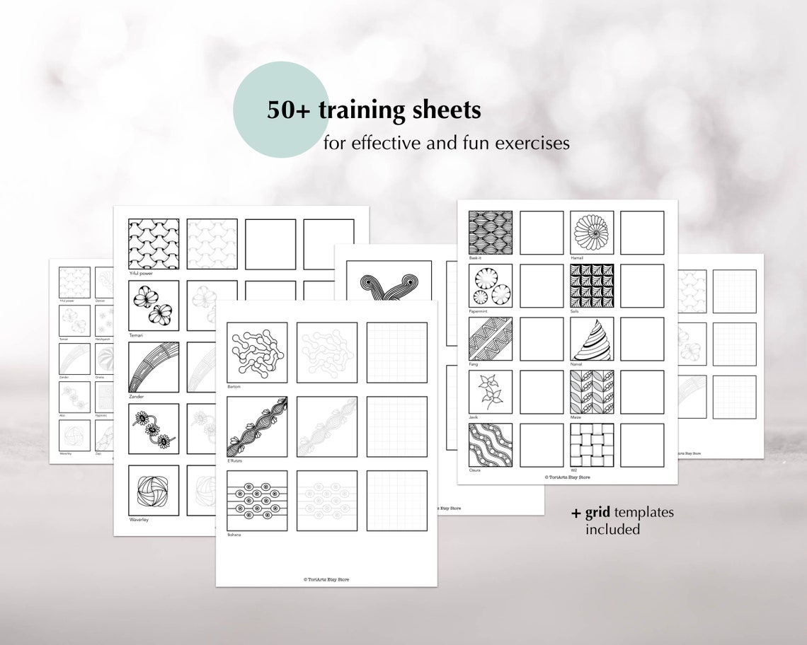 20 Zentangle Drawing Templates With Video Support, 56 Training Sheets ...