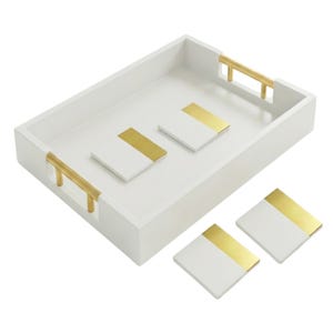 Zestaw tac do serwowania w kolorze białym i złotym – elegancka taca na stolik kawowy z 4 podstawkami, prezent dla gospodyni