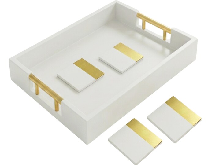 Serving Tray White & Gold  Set – Elegant Coffee Table Tray with 4 Coasters, Hostess Gift