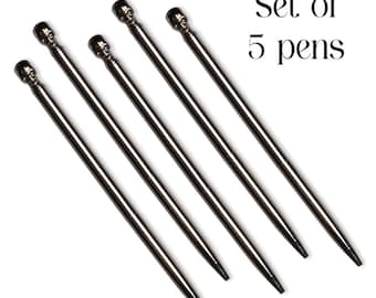 Skull-pennenset – set van 5 decoratieve metalen pennen