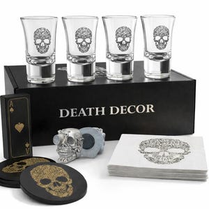 Coffret cadeau verres à liqueur tête de mort gothique, sous-verres d'Halloween, verres à liqueur rigolotes, déco Mancave, cadeau 21e anniversaire, articles de bar de fête gothique