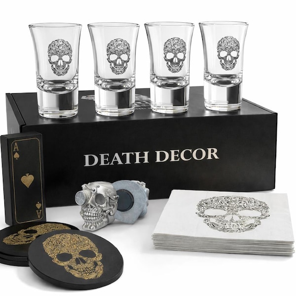 Gothic Schädel Schnapsglas Geschenkset, Halloween Untersetzer, Lustige Schnapsgläser, Mancave Decor, 21