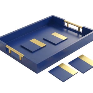 Wooden  Serving Tray Navy & Gold Set: with 4 Matching Coasters