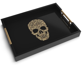 Gothic Skull Wooden Serving Tray, Black Goth Coffee Tray, Dark Romance Decor, Ottoman Tray Table, Punk Skull Kitchen Decor Gift