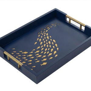 Navy Serving Tray: Glossy Wooden Ottoman School of Fish Print