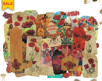 Vintage Poppies Ephemera Pack, Printable Junk Journal Kit (81 Pcs)