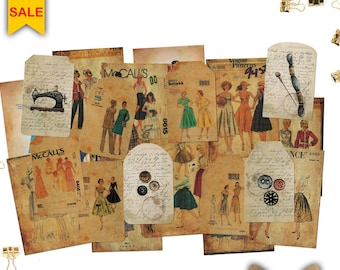 Vintage Sewing Ephemera Pack, Vogue Fashion, 70 Pcs (Printable)