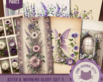 Vintage Botanical Junk Journal Pages, Aster Morning Glory Ephemera Kit (Digital Download)