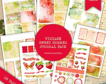 Strawberry Summer Junk Journal Kit, Vintage Ephemera (93 Pcs) (PDF)