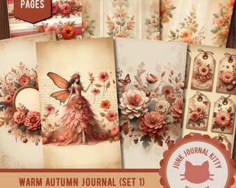 Peach Autumn Ephemera Pack, Floral Junk Journal Fussy Cuts, Vintage Tags (Digital Download)