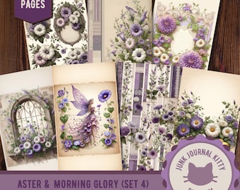 Shabby Chic Junk Journal Kit, Aster Morning Glory Floral Collage Sheets (Digital Download)