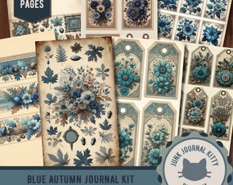 Blue Autumn Botanical Junk Journal Kit, Vintage Floral Ephemera, Fall Nature Printable
